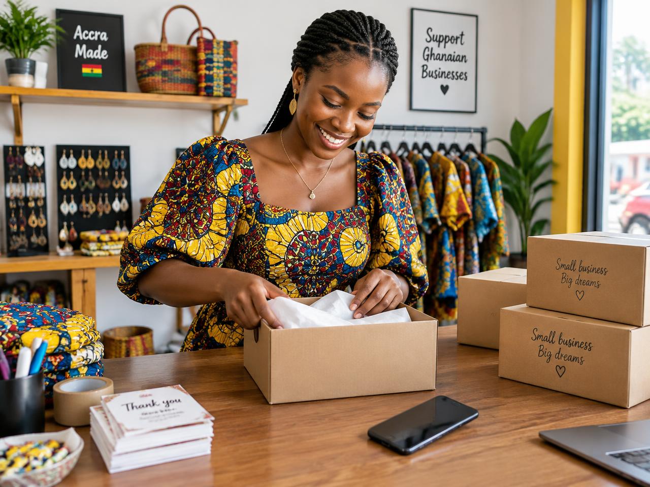 A Ghanaian shop owner packing online orders